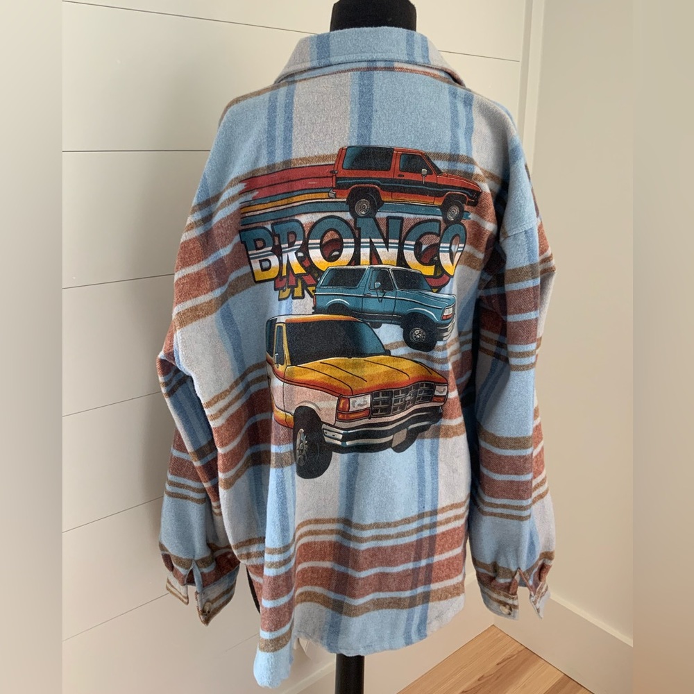 Ford Bronco Blue and Brown Plaid Casual Shirt Wool Blend Fabric